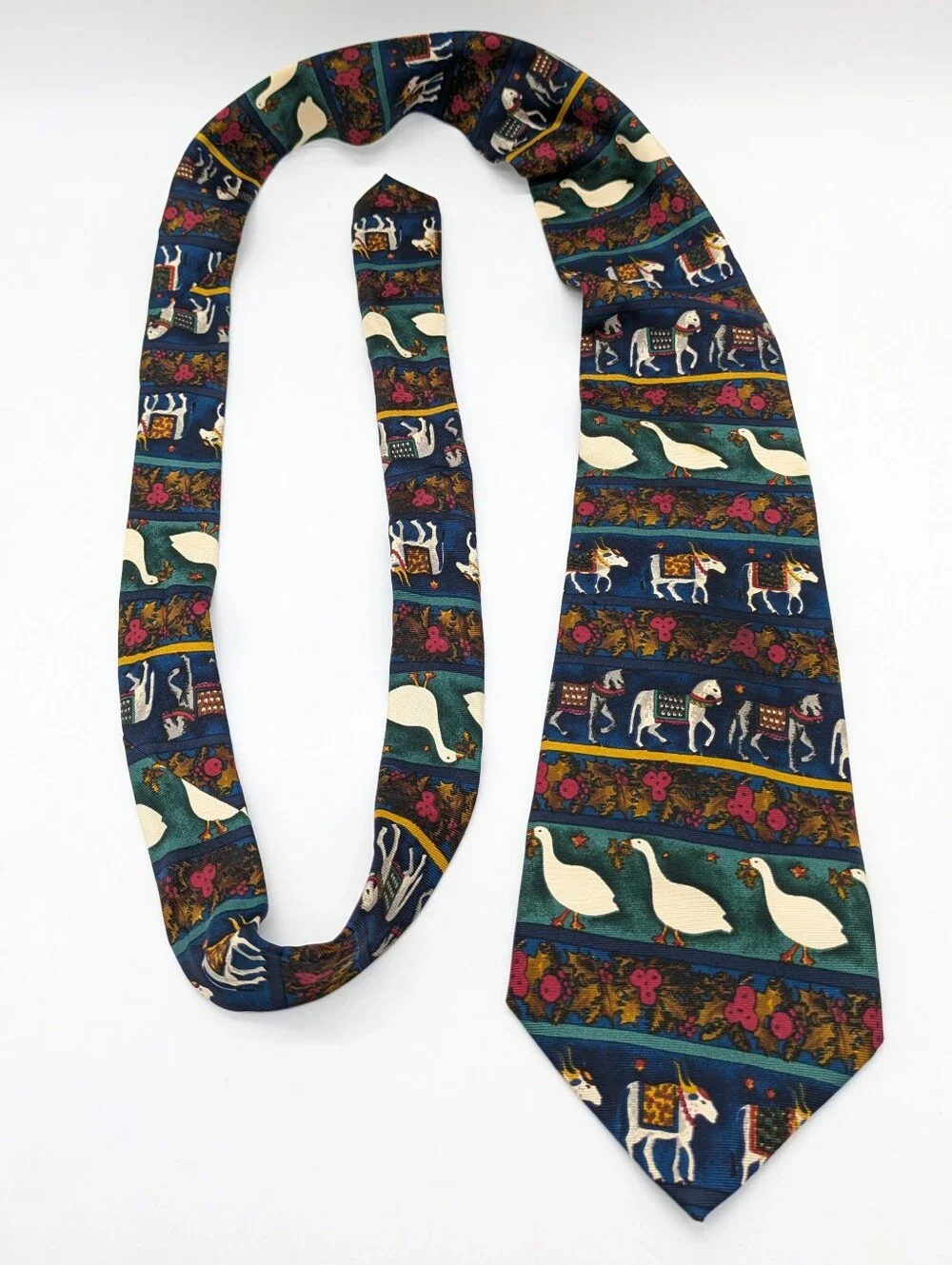 Paul Frederick Blue Green Red Goose Horse Whimsical Novelty Italian Silk Tie